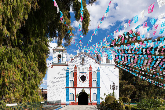 Church facade with paper decorations 