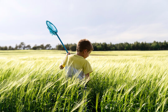 Adorable child catching bags in meadow