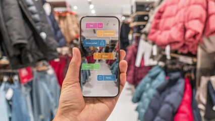 Augmented reality marketing . Hand holding smart phone use AR application to check information