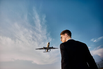 Young traveler in black suit and airplane in sky. Businessman traveling concept.