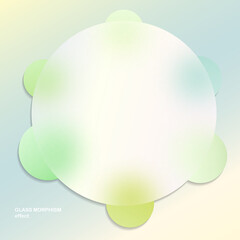 Modern background with glass morphism vector effect. Transparent glass card design. Glassmorphism trend style. Abstract banner with colored, white circles with blur and shadows. Vector illustration