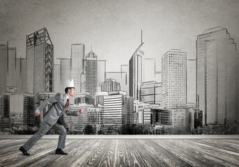 Fototapeta premium King businessman in elegant suit running and drawn cityscape silhouette at background