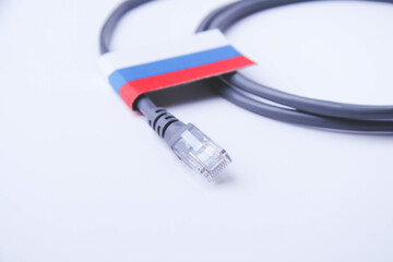 Internet and Russia. Internet cable on the background of the Russian flag.