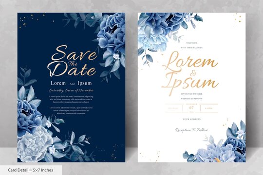 Elegant wedding Stationery with Navy Blue Flower and Leaves