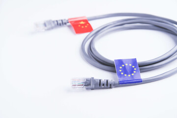 Internet cable with the flag of China and the European Union.