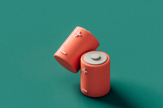 Pink rechargable batteries on a green background. 3d render