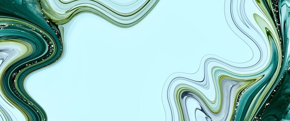 Clean green abstract fluid art painting with alcohol ink texture, free copy space, liquid design illustration, curved design, wallpaper background, golden paths,  layered elements, decoration