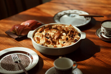 Closeup homemade home western meal on wooden table