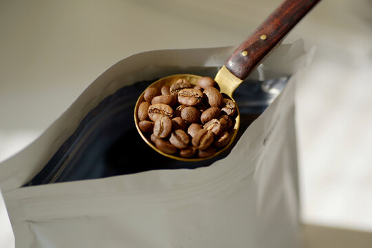 Closeup of coffee beans, the process of making coffee