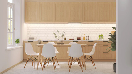 3D interior design of a warm wooden beautiful kitchen cabinet build-in and family dining table by the window with blowing sheer curtains. Design, Trends, Air Flow, Background, Mockup, Home, Space.