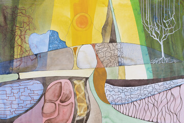 An abstract watercolor painting; geological strata.