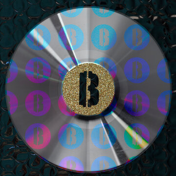 Crypto concept, glitterly bitcoin in the middle