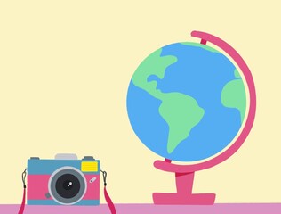 World globe and camera travel illustration