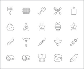 Set of barbecue and Grill icons line style. It contains such Icons as BBQ, picnic, camping, meat, steak, food, outdoor, hiking, sausages, beef and other elements.