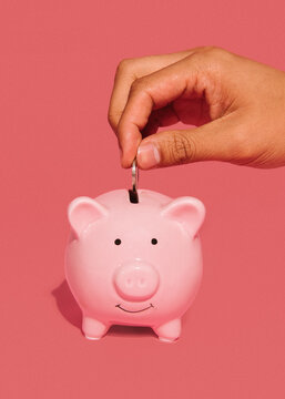 Hand Dropping Coin In Piggy Bank