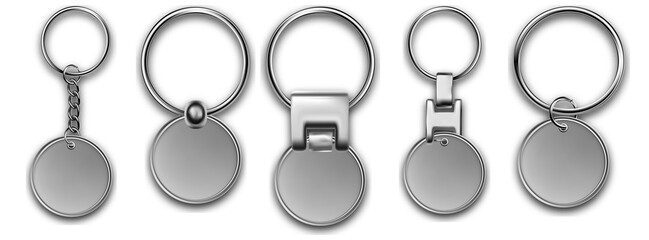 Keychains set round keyring holders with isolated on white background. Silver colored accessories or souvenir pendants mockup.Realistic keychain template set.