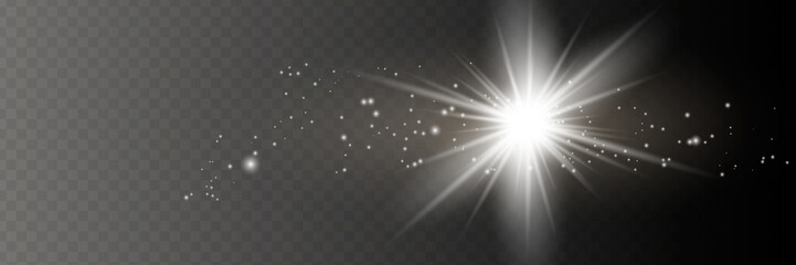 Yellow glowing light explodes on a transparent background. Sparkling magical dust particles. Bright Star. Transparent shining sun, bright flash. Vector sparkles. To center a bright flash.