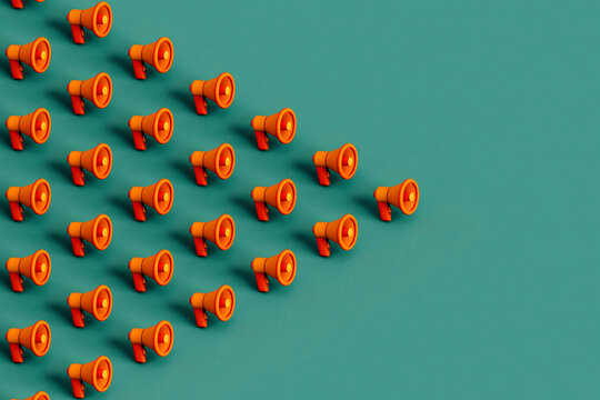 collection of Orange megaphones on green. 3d render