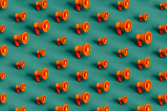 pattern of Orange megaphones in different position on green. 3d render