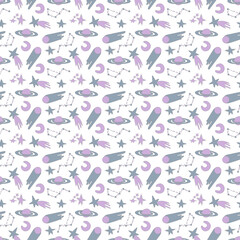Galaxy cosmic seamless pattern with planets, stars and comets. Childish vector hand drawn cartoon illustration in simple scandinavian style. Pastel isolated on a white background.