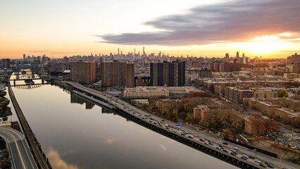 drone view of Harlem and Manhattan