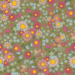 Daisy and forget-me-not flowers seamless pattern on moss green background.