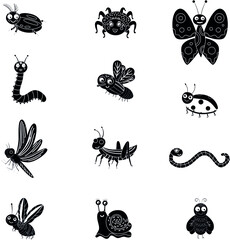 Bugs funny black and white collection vector icon set