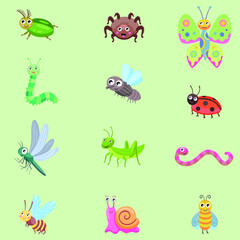 Bugs funny color collection vector icon set