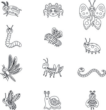 Bugs funny outline collection vector icon set