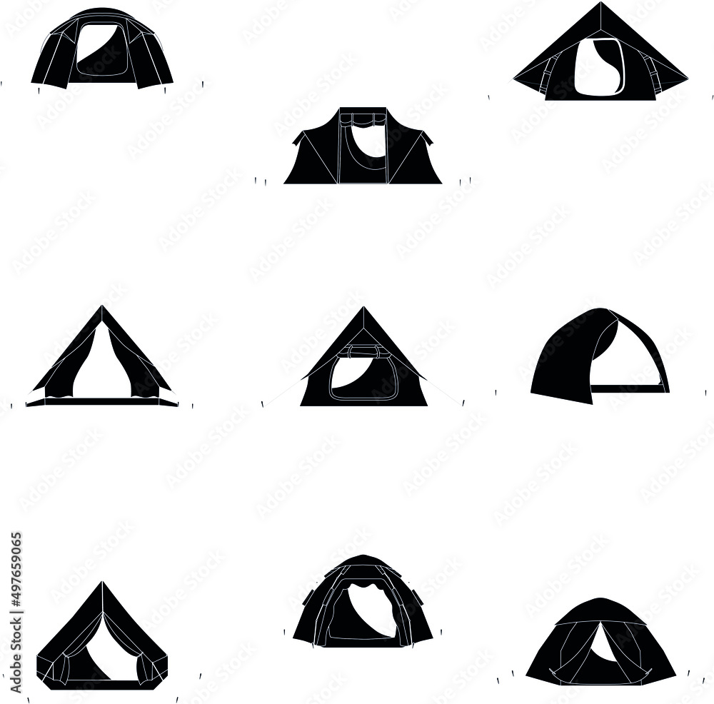 Wall mural Camp tents flat vector black and white icon collection set