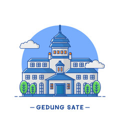 illustration icon Gedung Sate is a historic building in Bandung, West Java, Indonesia. This building has a characteristic skewer ornament on the central tower with a blue and white background.