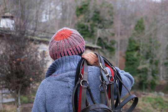 back of a person holding halters