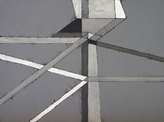an abstract monochrome painting with a suggestion of architecture.