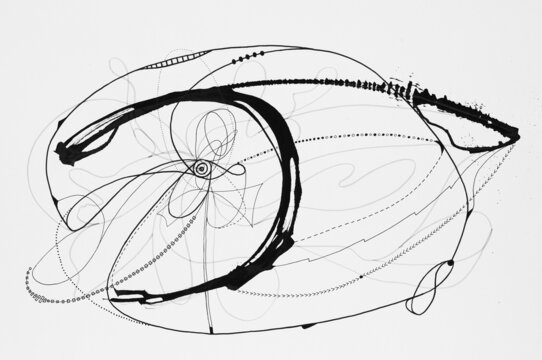 A black and white pen and ink drawing, suggestive particle collisions.