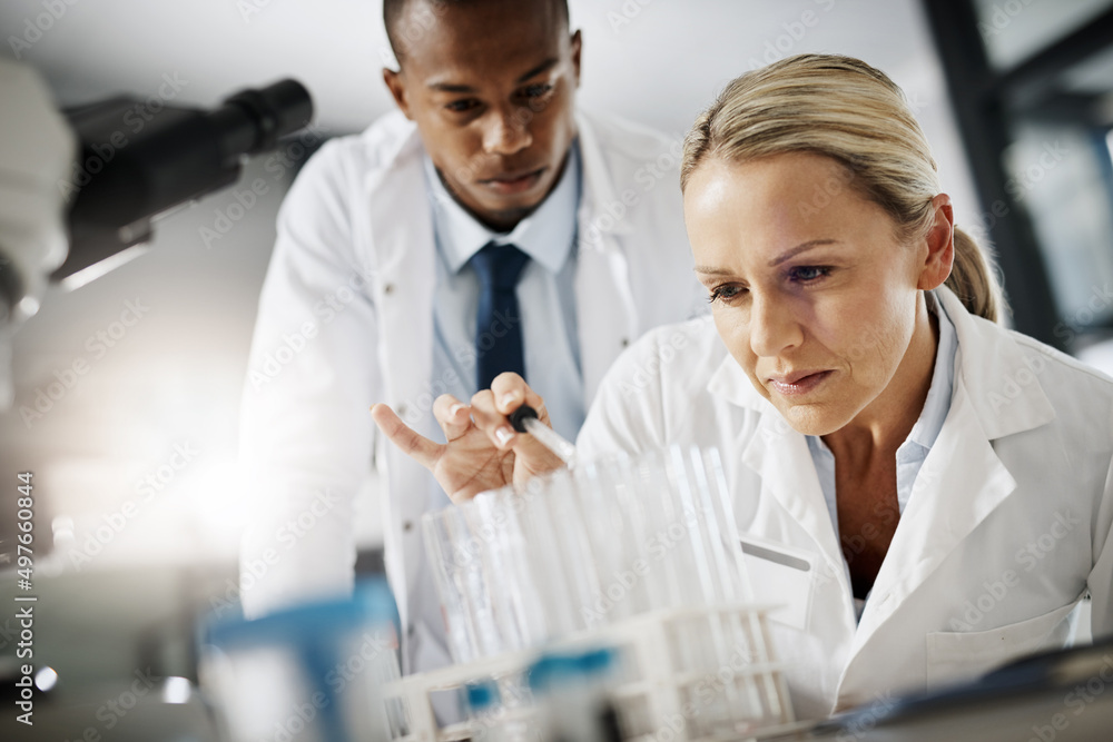 Poster what they do saves lives. cropped shot of two scientists testing a sample while doing research in th