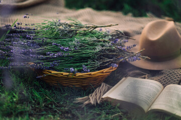 lavender basket, plaid, hat, and a good book