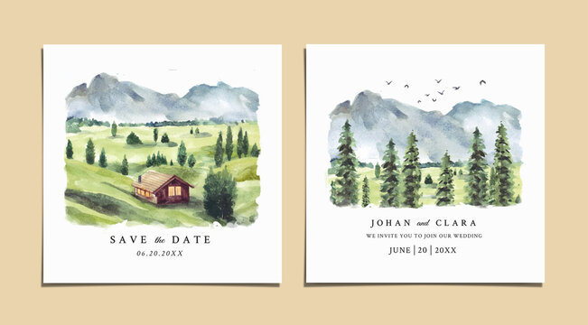 Watercolor wedding invitation set of green nature landscape with house and mountain