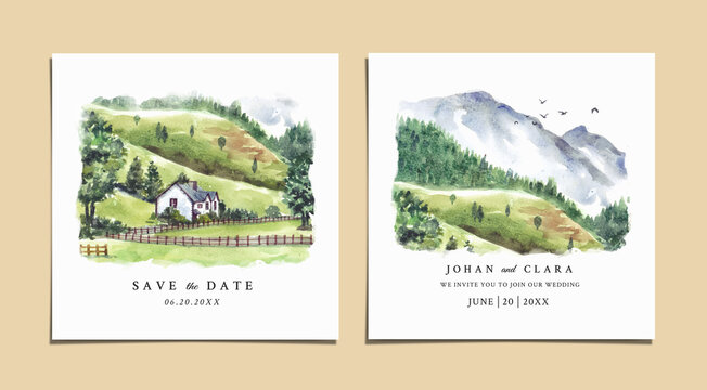 Watercolor wedding invitation of nature landscape with house and mountain 
