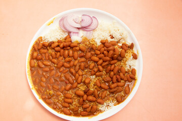 Indian favorite recipe red kidney beans  gravy and steamed rice also known as Rajma Rice