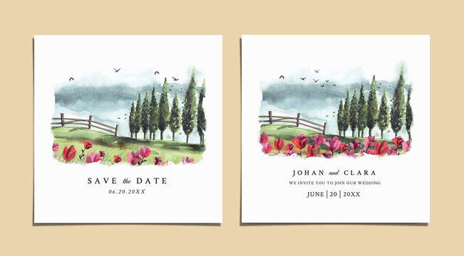 Wedding invitation with red floral and pine trees in the garden watercolor