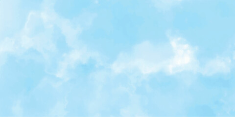 Blue watercolor sky background texture with white clouds - nice weather, vector illustration