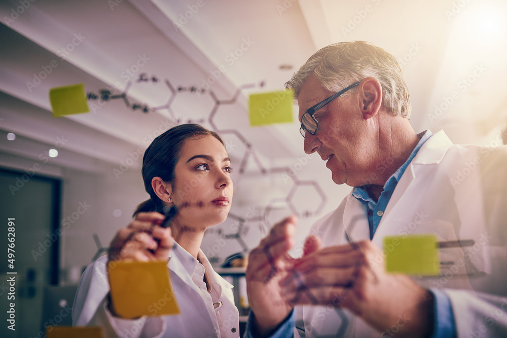 Poster What do you think about my theory. Shot of two focused scientists working together solving equations on a glass wall in a laboratory.
