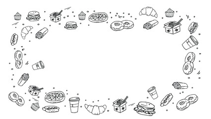 Fast food on white background. Sketch hand-drawn illustration