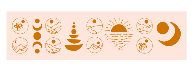 Artistic vector abstraction with minimalistic landscapes of mountains and hills with sun, sunset and sunrise over water and geometric shapes on a colored background