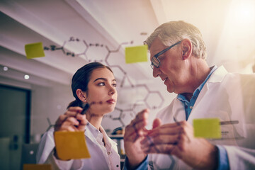 What do you think about my theory. Shot of two focused scientists working together solving equations on a glass wall in a laboratory.