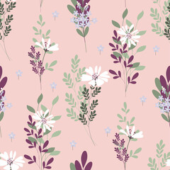 chamomile flowers and wild grasses on a pink background make a seamless pattern