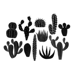 Cactus silhouette boho style. Stamp, linocut template isolated