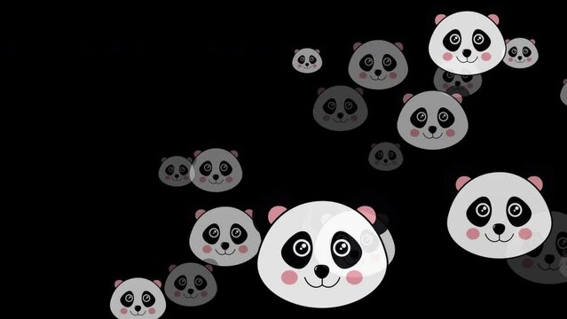 Horizontal Social Media Cute Animated Panda Bears Flying Pattern Isolated on Black, Green and White Backdrop Bears pattern repeated wallpaper background cartoon face bear character 4K Video backdrop