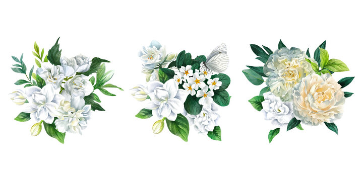 Set Of Three Lush White Floral Bouquets, Hand Drawn