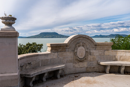 Badacsony hill, famous vine region in Balaton Highland, Hungary. View from Fonyod city.